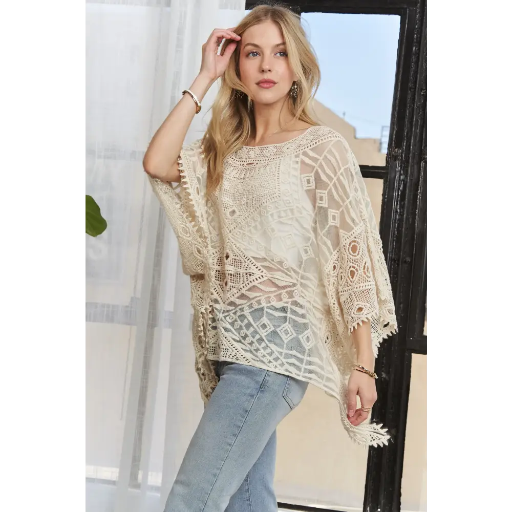 ADORA Boat Neck Crochet Lace Cover Up - BEIGE / One Size